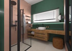 Návrh dvojice kúpeľní: v neprehliadnuteľných farbách a luxusnom prevedení s veľkoformátovou dlažbou 
